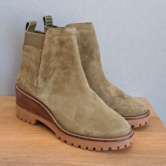 Vince Camuto Dendra Utility Green Suede Wedge Gore Boots Ankle Heeled 40 9 - Picture 1 of 13